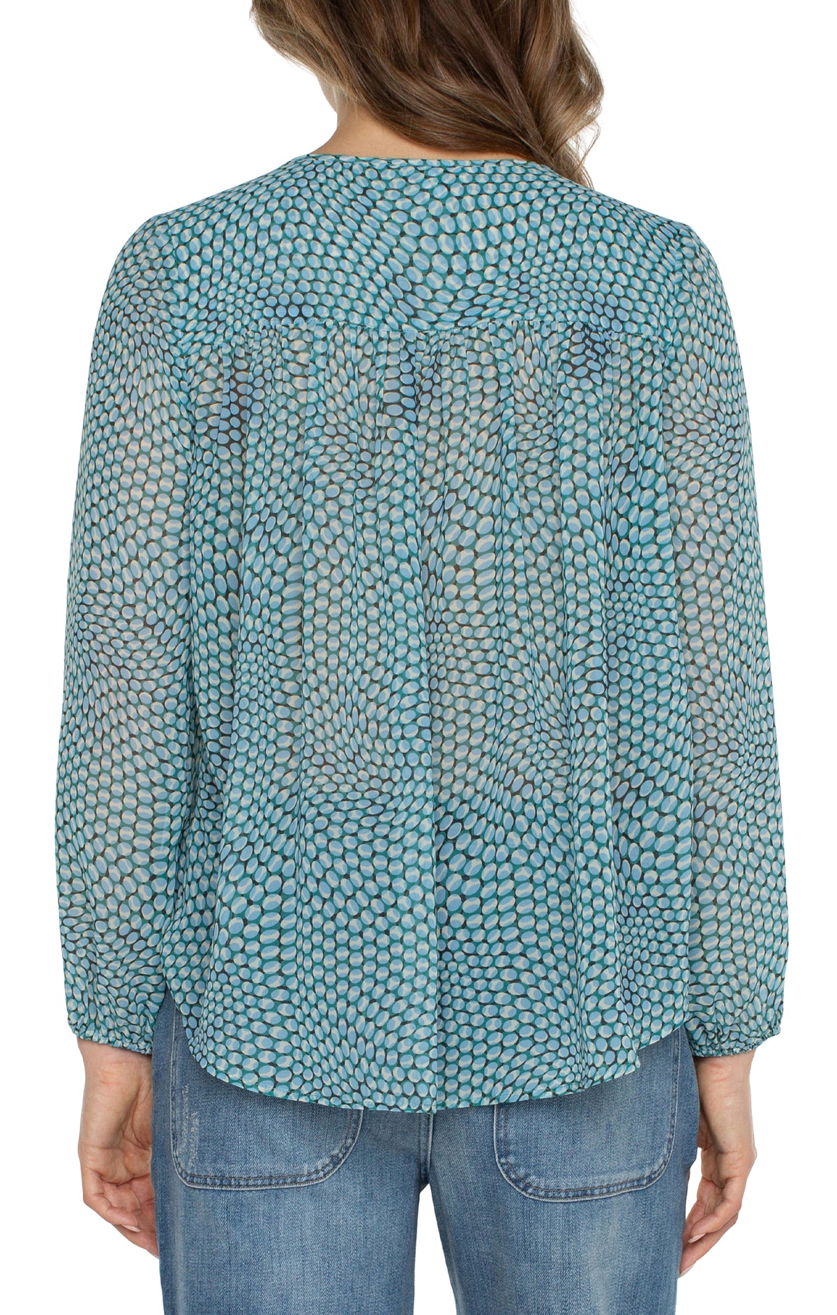 Sheer Printed Tie Front Shirred Back Blouse Ocean Blue Dot