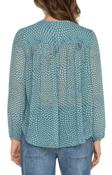 Sheer Printed Tie Front Shirred Back Blouse Ocean Blue Dot