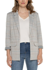 Princess Dart Boyfriend Blazer Oatmeal Turquoise Plaid