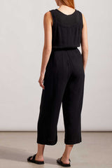 Button Front Tied Belt Jumpsuit Black