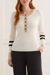 Double Stripe Long Sleeve Henley Sweater Cream
