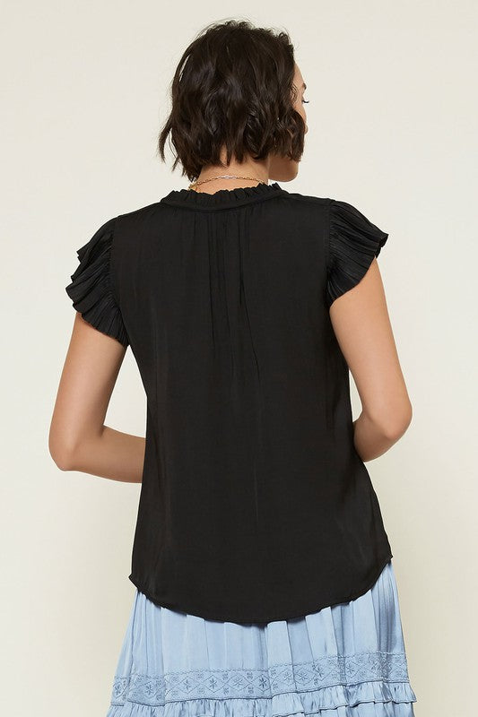 Pleated Sleeve Tie Neck Blouse Top