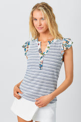 Flutter Sleeve Mix Media Henley Top Off White Mix