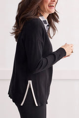 Zipper Side Detail Vneck Sweater Black