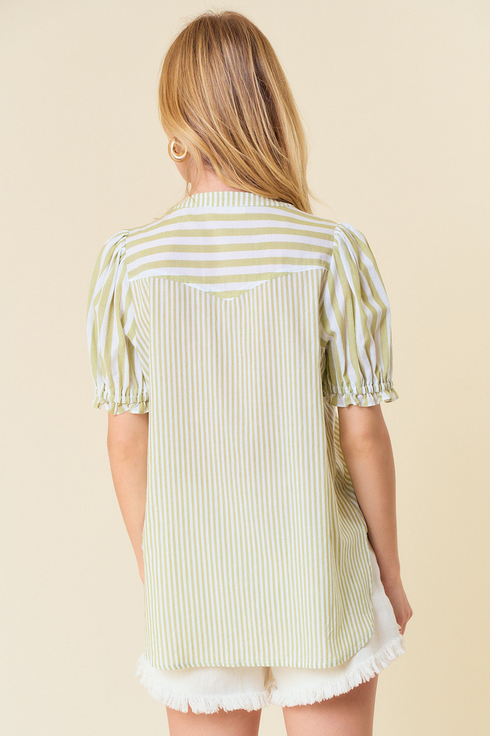 Mix Stripe Front Pocket Puff Sleeve Button Down Shirt Sage Green + White