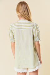 Mix Stripe Front Pocket Puff Sleeve Button Down Shirt Sage Green + White