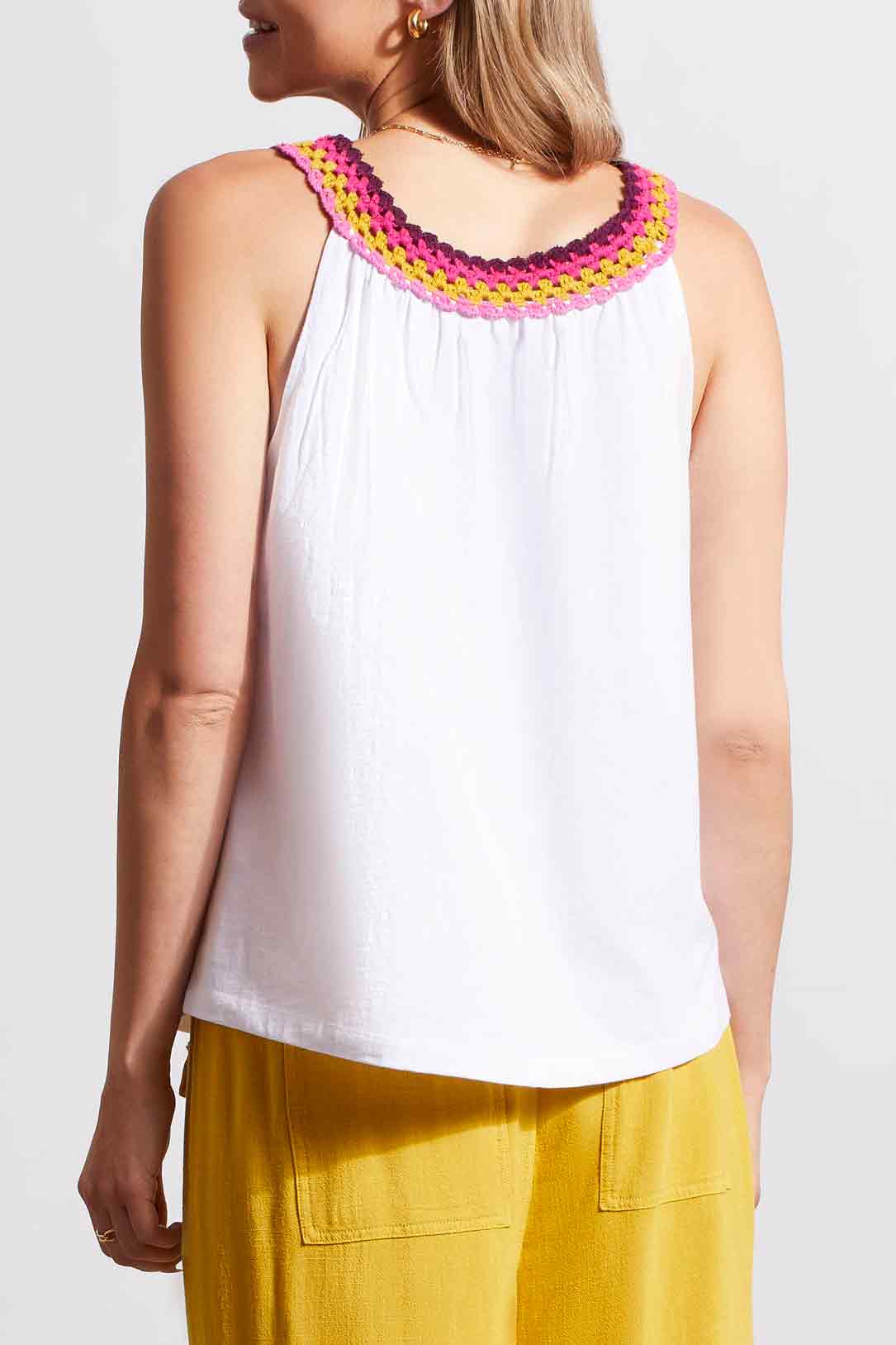 Stripe Crochet Neckline Sleeveless Top White