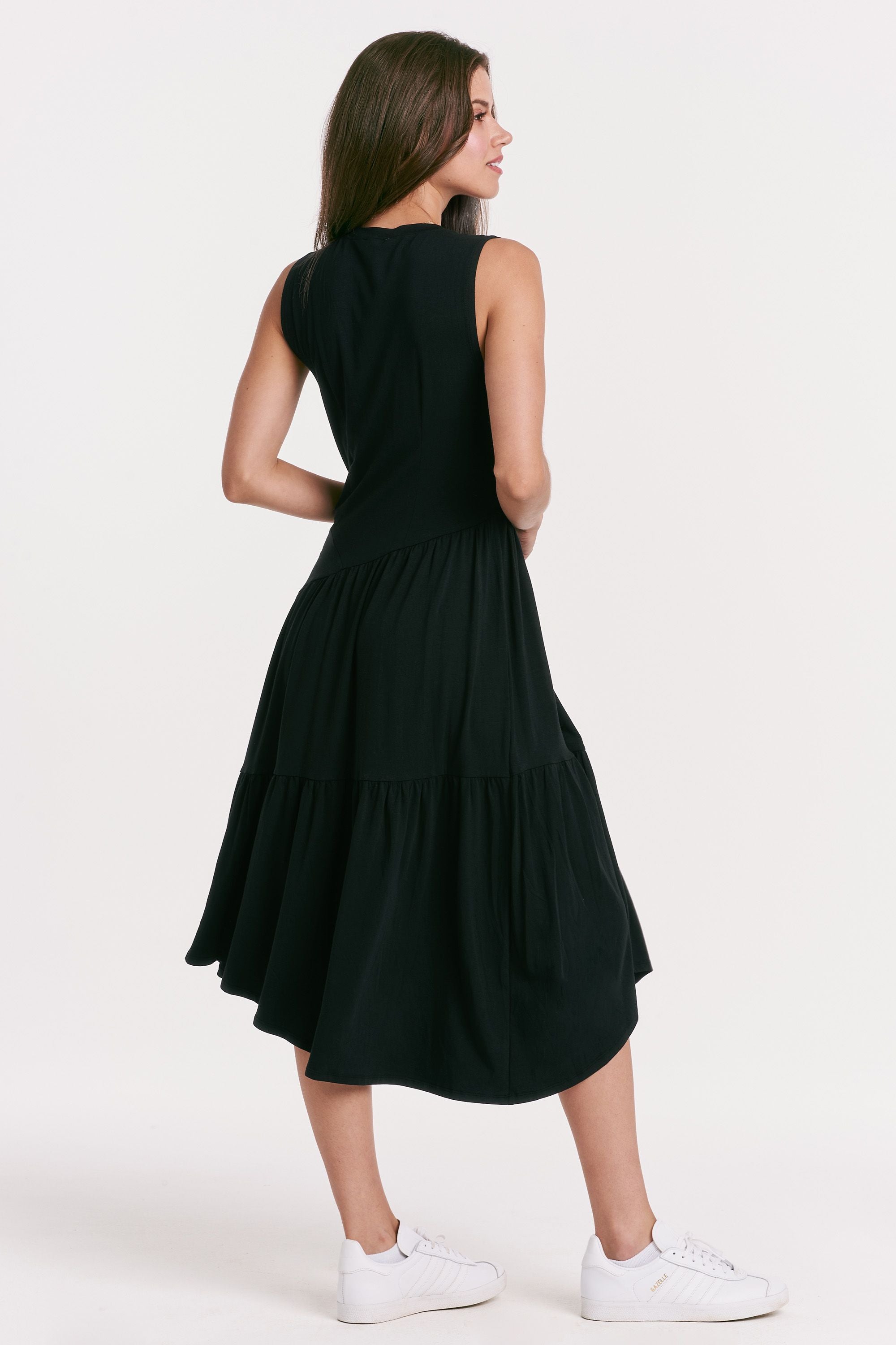 Rome Assymetric Tiered Midi Dress Black
