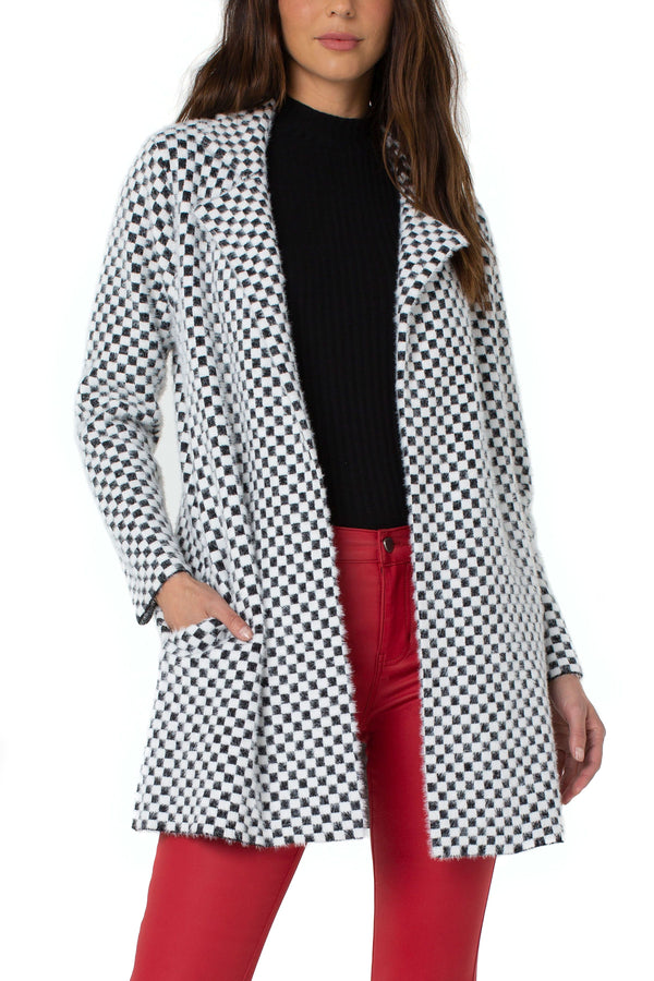 Open Front Cardigan Sweater Coat Black + White Mini Check