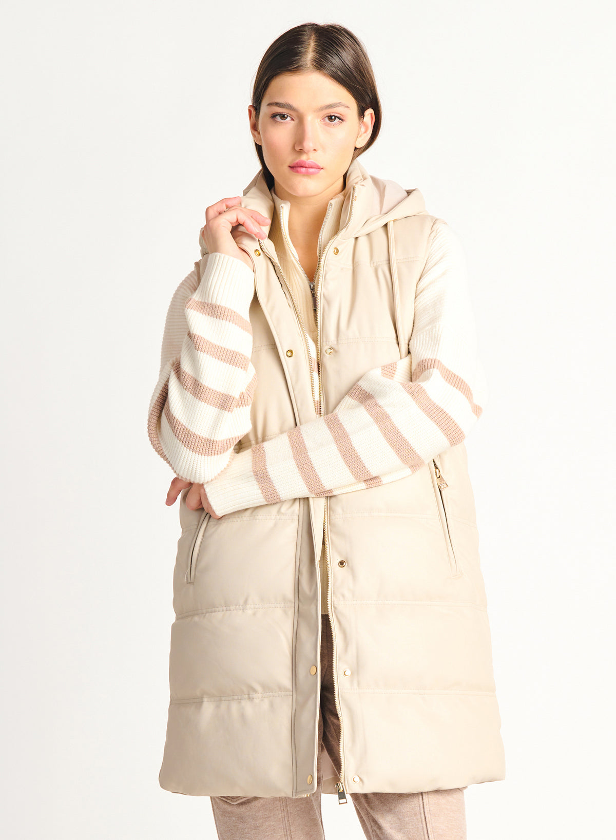 Faux Leather Long Puffer Vest Sandstone