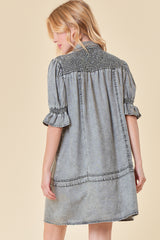 Smocked Yoke Puff Sleeve Tencel Button Down Dress Black Denim