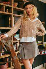 Layered Vneck Cable Knit Sweater Taupe