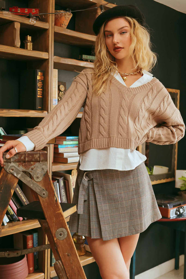 Layered Vneck Cable Knit Sweater Taupe