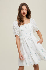 Embroidered Daisy Floral Print Gauze Dress Cream