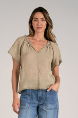 Ruched V Neck Washed Shirt Green Moss