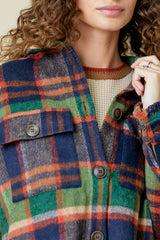 Frayed Hem Plaid Button Down Jacket Green Mix