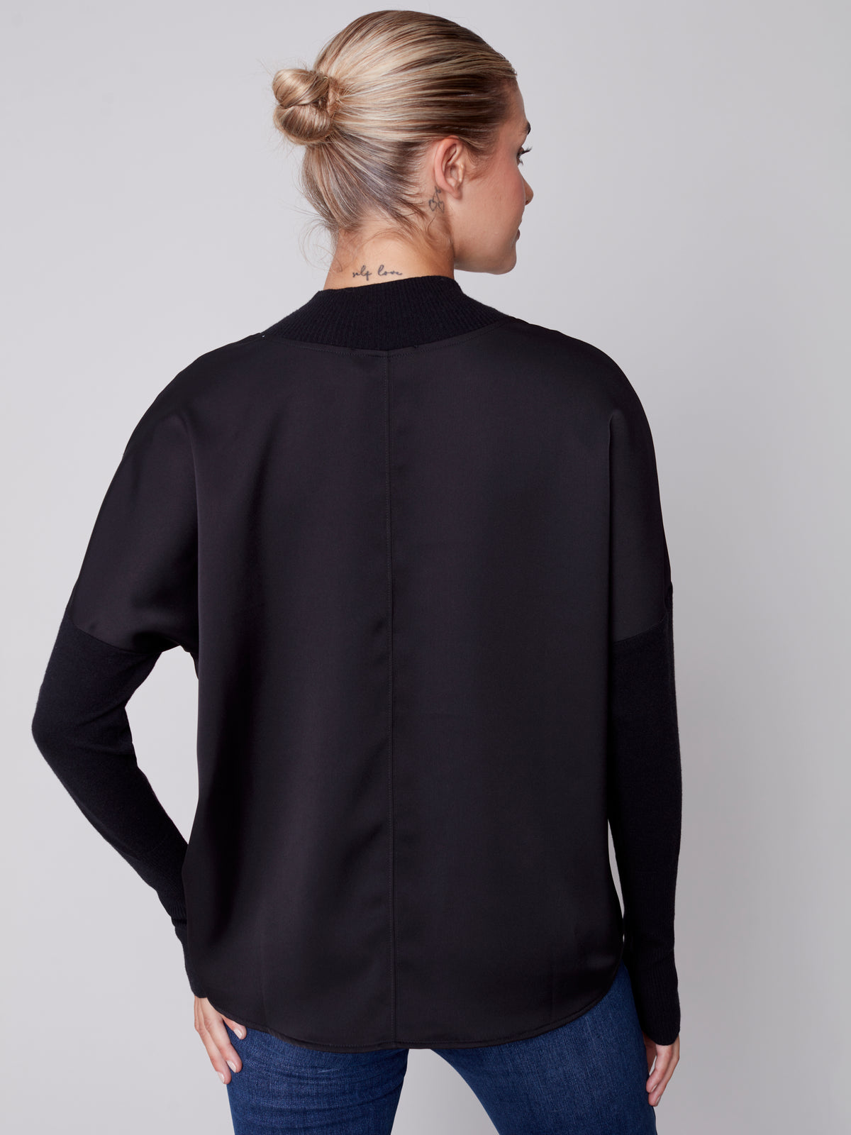 Mock Neck Satin Knit Top Black