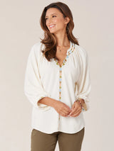 3/4 Blouson Sleeve Embroidered Trim Top Off White Multi