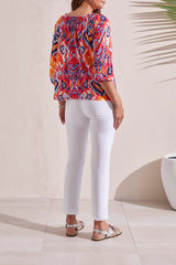 3/4 Sleeve Button Detail Printed Peasant Top Poppy Red