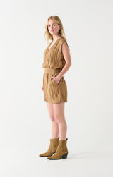 Smocked Detail Wrap Romper Dark Tan