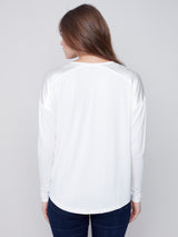 Satin Contrast Knit Top Ecru