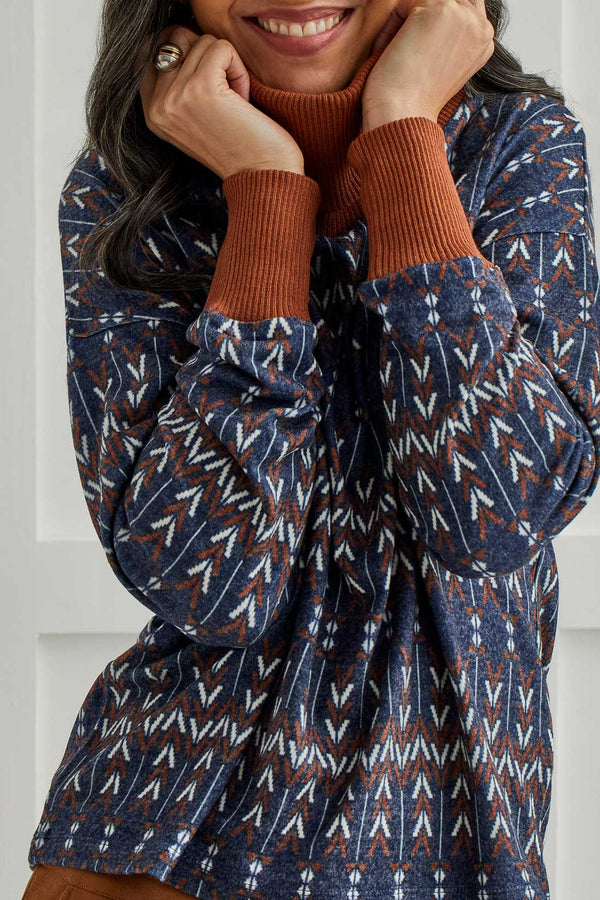 Solid Cowl Neck Printed Top Sapphire