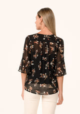 Sheer Floral Half Flutter Sleeve Buttons Blouse Black + Peach
