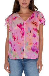 Shirred V Neck Flutter Dolman Tie Sleeve Top Fuchsia Watercolor