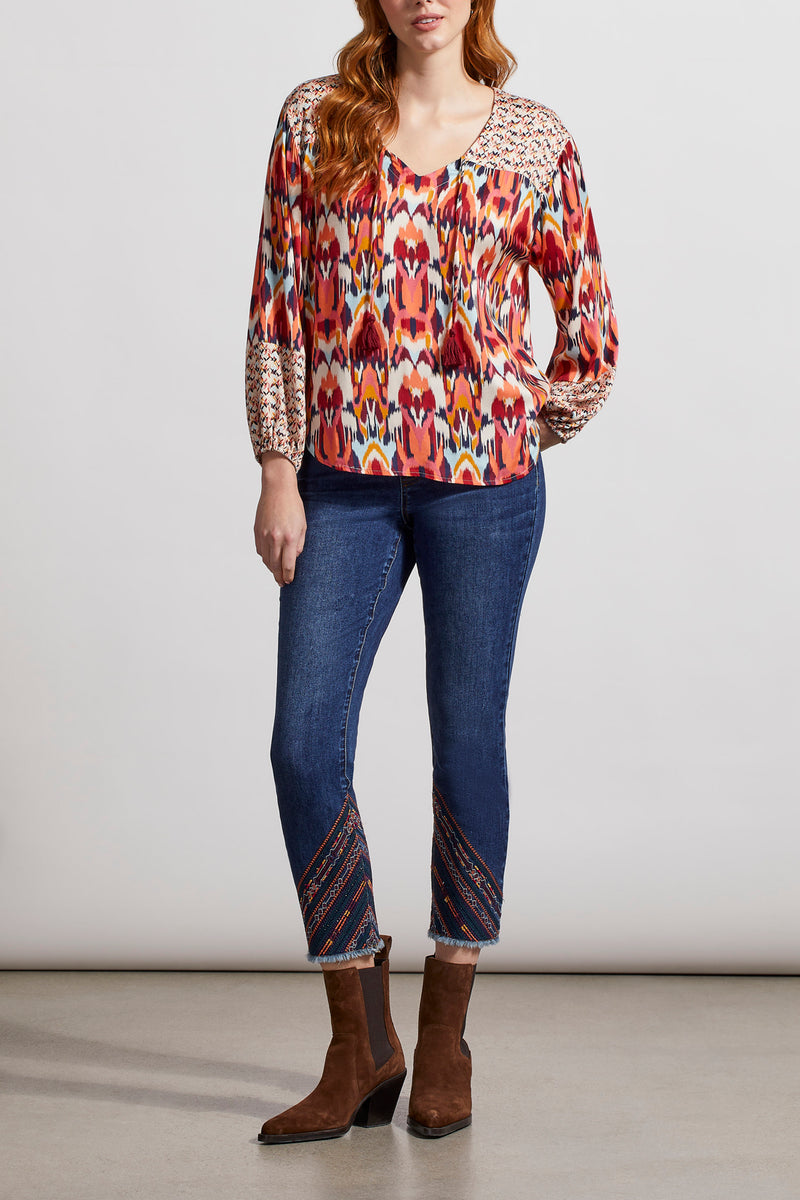 Combo Print Tie Neck Bubble Sleeve Blouse