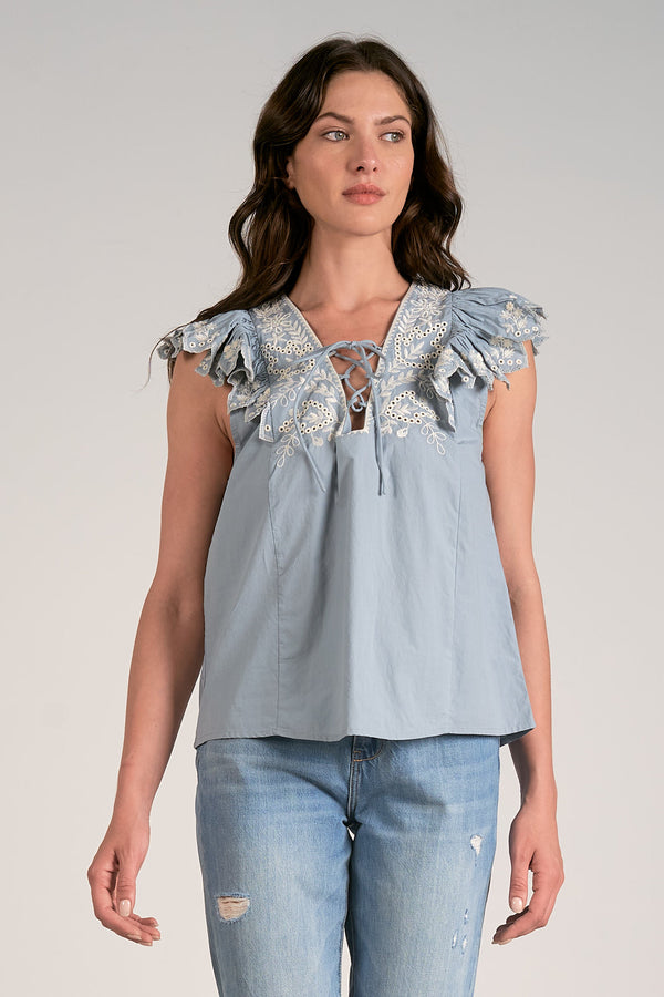 Eyelet Emb. Laced Up Flutter Tank