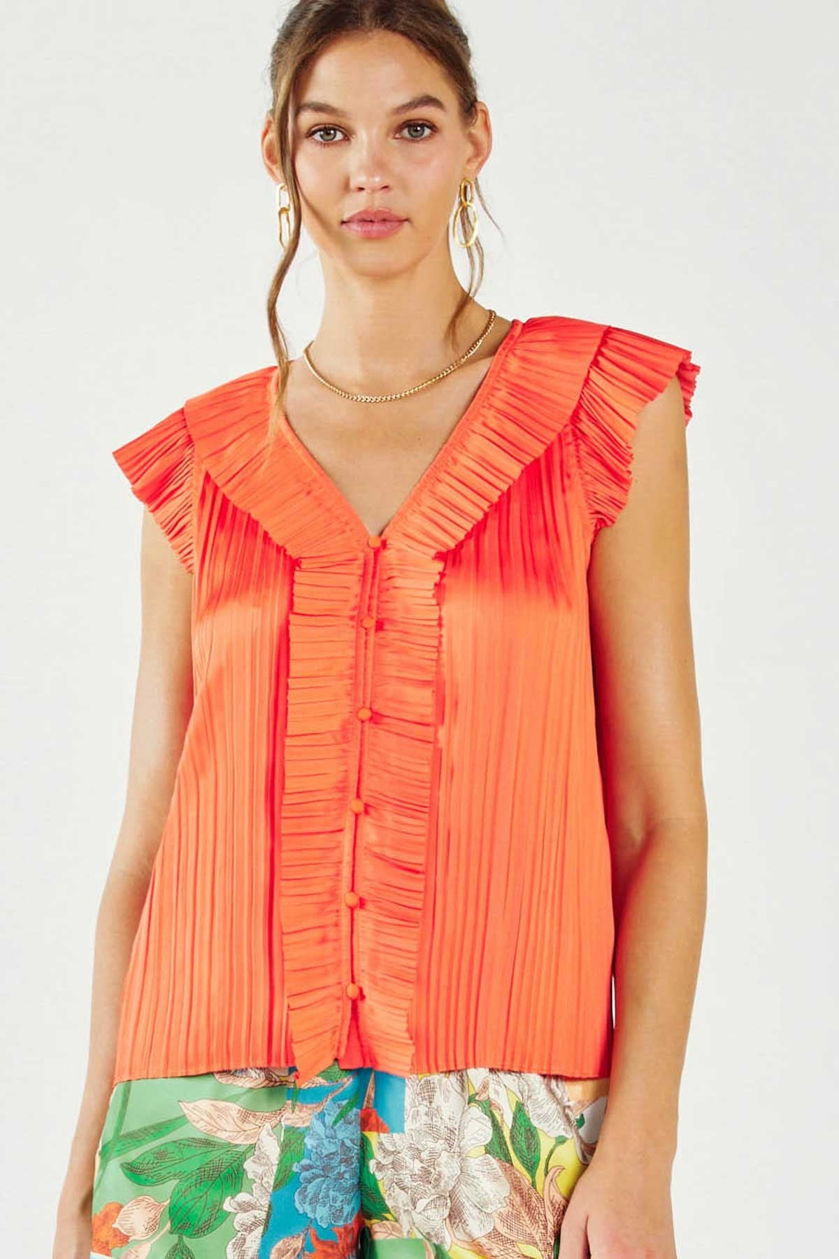 Pleated Ruffle Trim Button Detail Blouse Orange Red