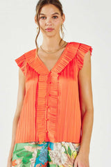 Pleated Ruffle Trim Button Detail Blouse Orange Red