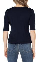 Double Layer 1/2 Sleeve Rib V Neck Top Dark Navy
