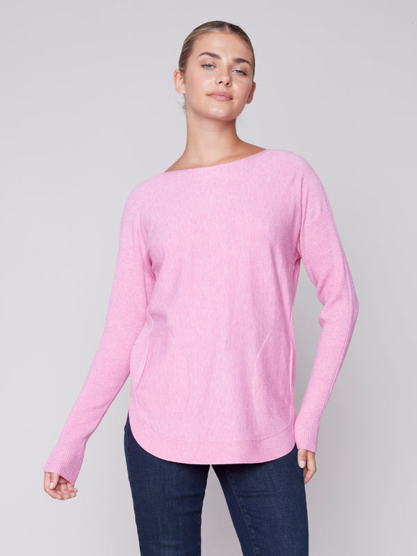 Rounded Hem Plushy Knit Back Detail Sweater Heather Orchid