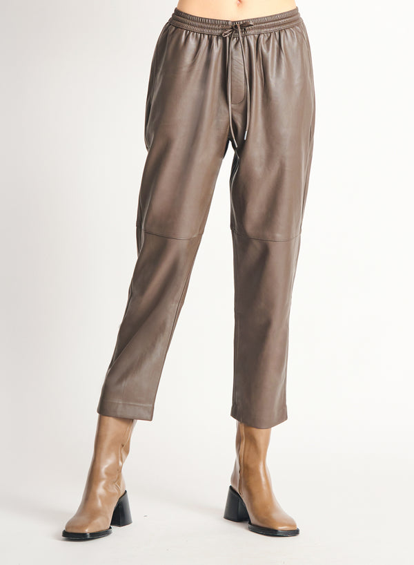 Straight Hem Faux Leather Joggers Olive Brown