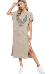 Vintage Eagle Mineral Washed TShirt Maxi Dress Khaki