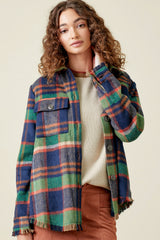 Frayed Hem Plaid Button Down Jacket Green Mix