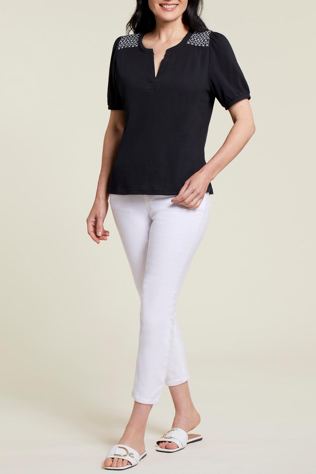 Shoulder Detail Notch Neck Top Black