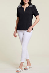 Shoulder Detail Notch Neck Top Black