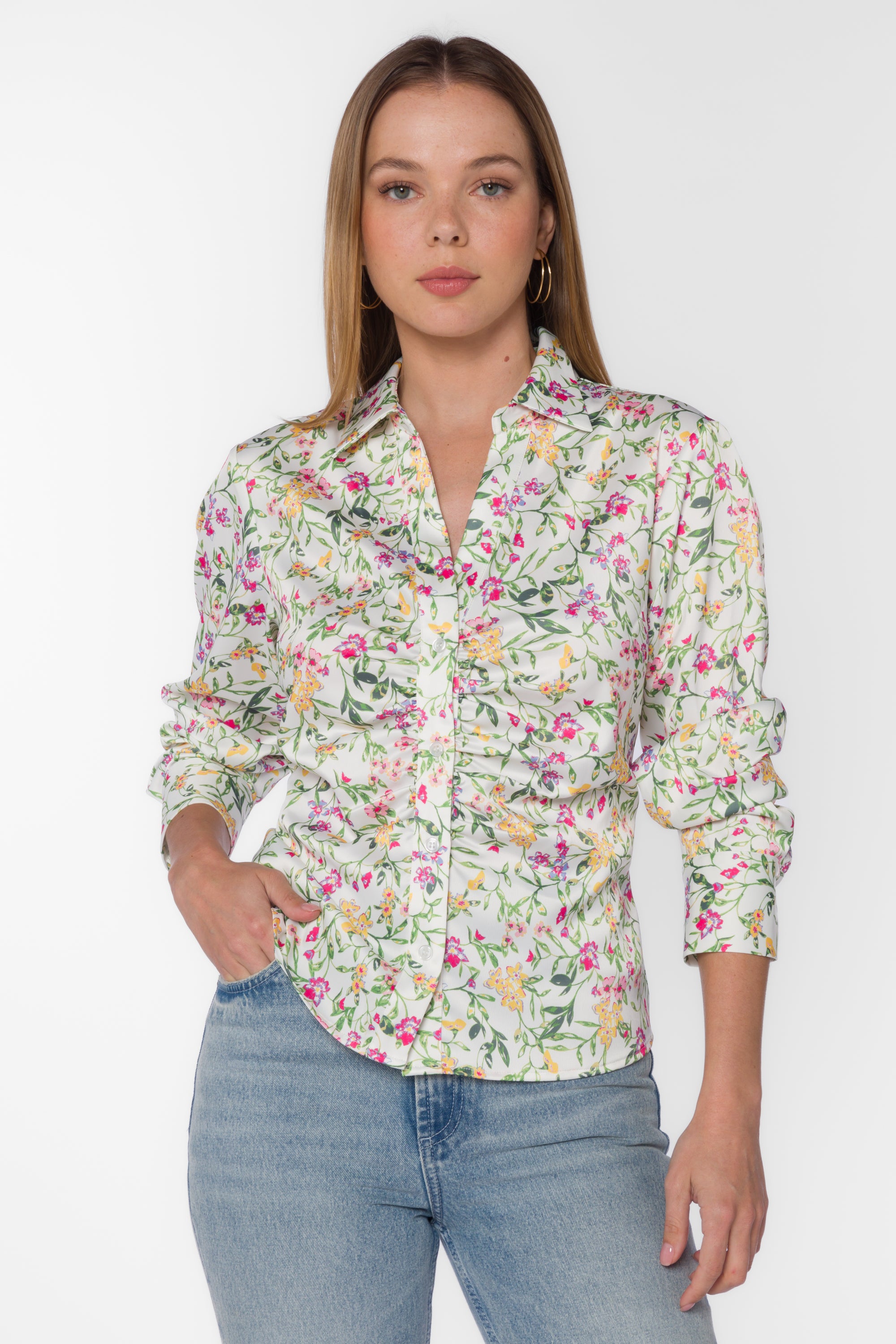 Bessie Ruched Printed Button Down Spring Ivy