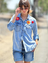 Emb. Birds Ruffle Sleeve Acid Wash Button Down Denim
