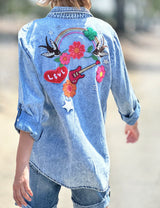 Emb. Birds Ruffle Sleeve Acid Wash Button Down Denim