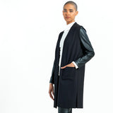 Leather Sleeve Open Knit Long Jacket Black