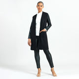 Leather Sleeve Open Knit Long Jacket Black