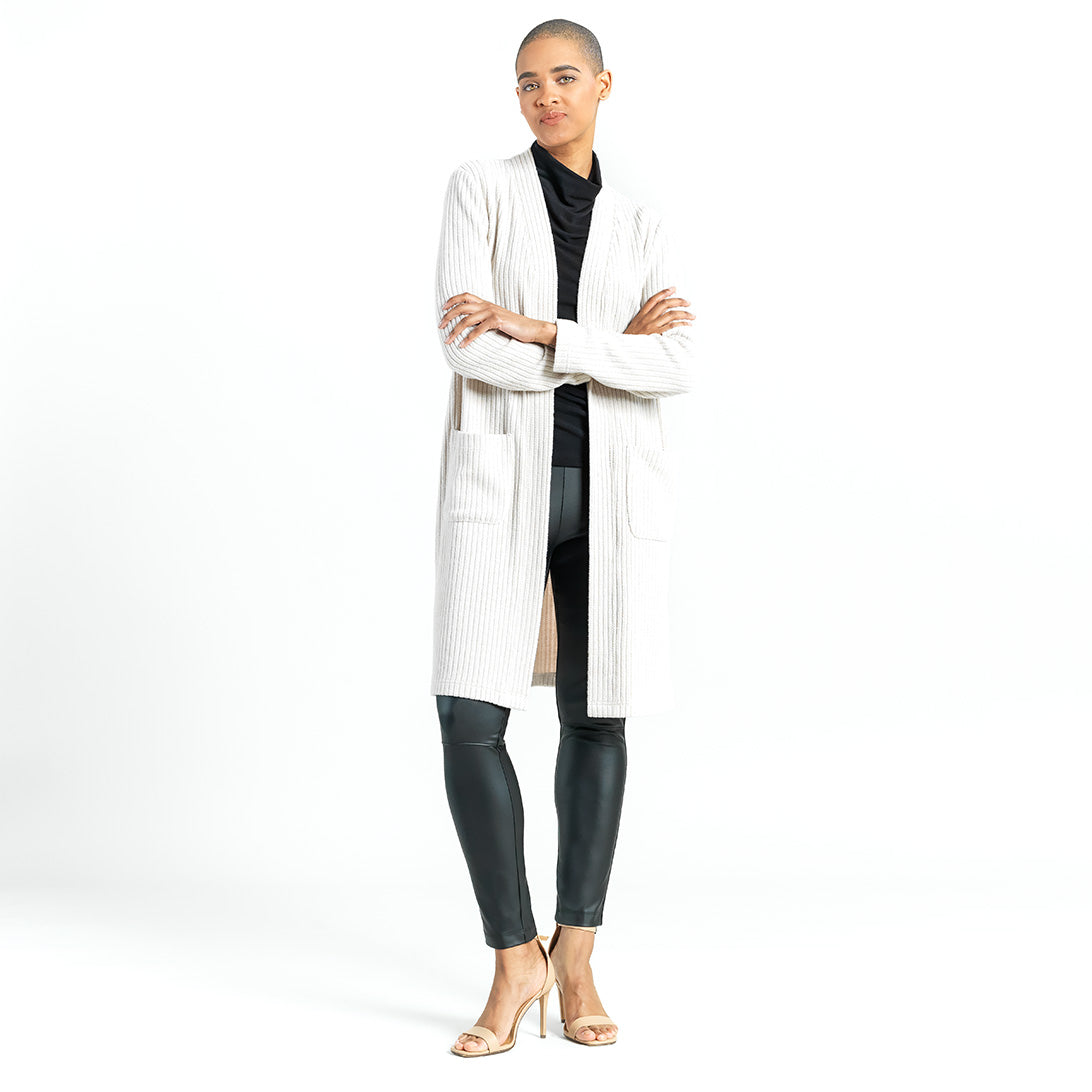 Texture Stripe Front Pockets Long Cardi Sand