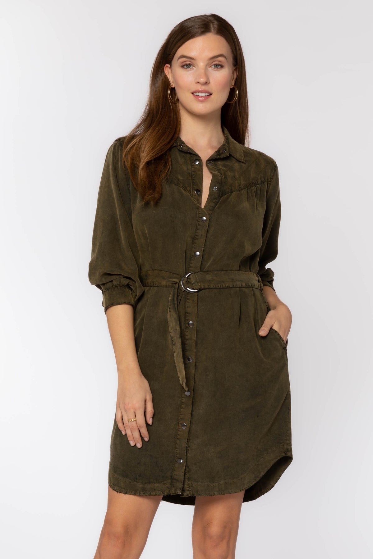 Dessa Stitched Yoke Belted Dress Army Green