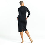 Mock Neck Long Sleeve Tie Belt Dress Black