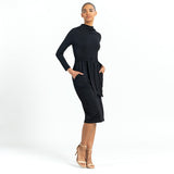 Mock Neck Long Sleeve Tie Belt Dress Black