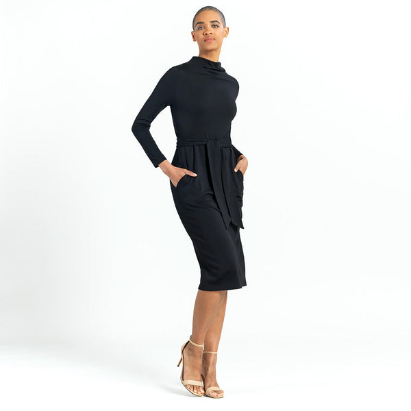 Mock Neck Long Sleeve Tie Belt Dress Black