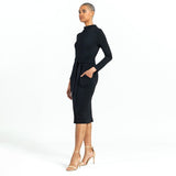 Mock Neck Long Sleeve Tie Belt Dress Black